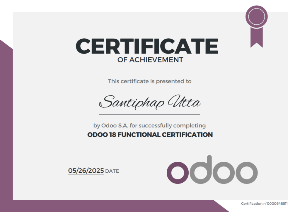 ใบรับรอง Odoo Functional Certification ของทีม IMOTIF พาร์ทเนอร์อย่างเป็นทางการของ Odoo ประเทศไทย